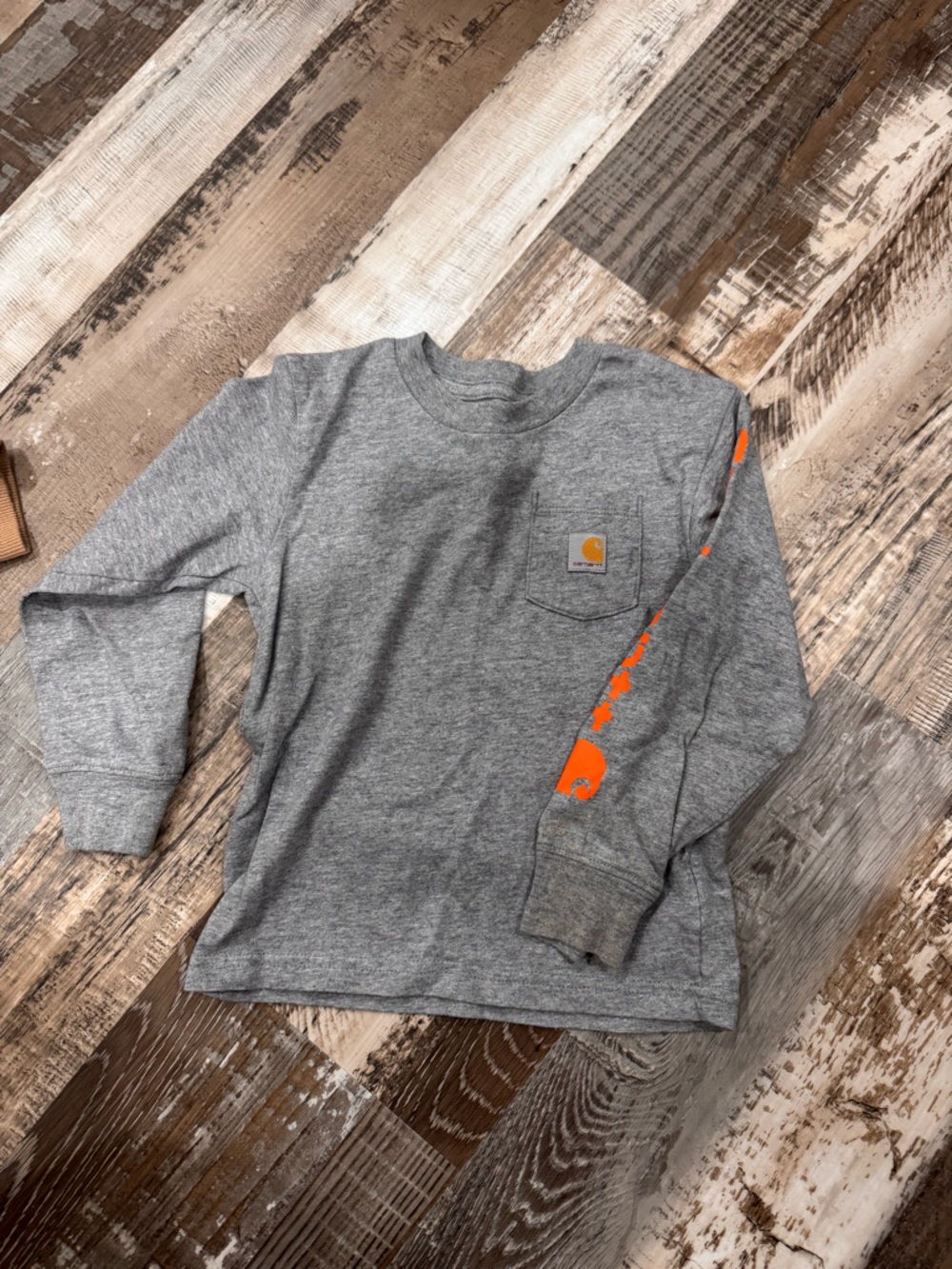 Carhartt boys Heather Gray Crewneck Sweatshirt with Orange Sleeve Logo